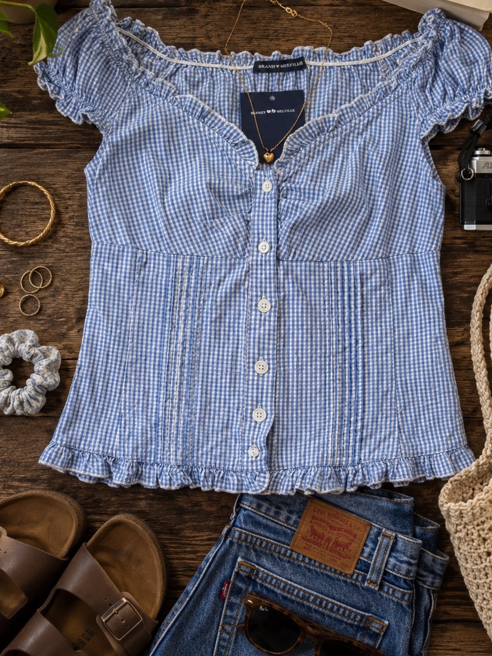 Brandy Melville Blue Gingham Milkmaid Puff Sleeve Top NWT Coquette Cottagecore